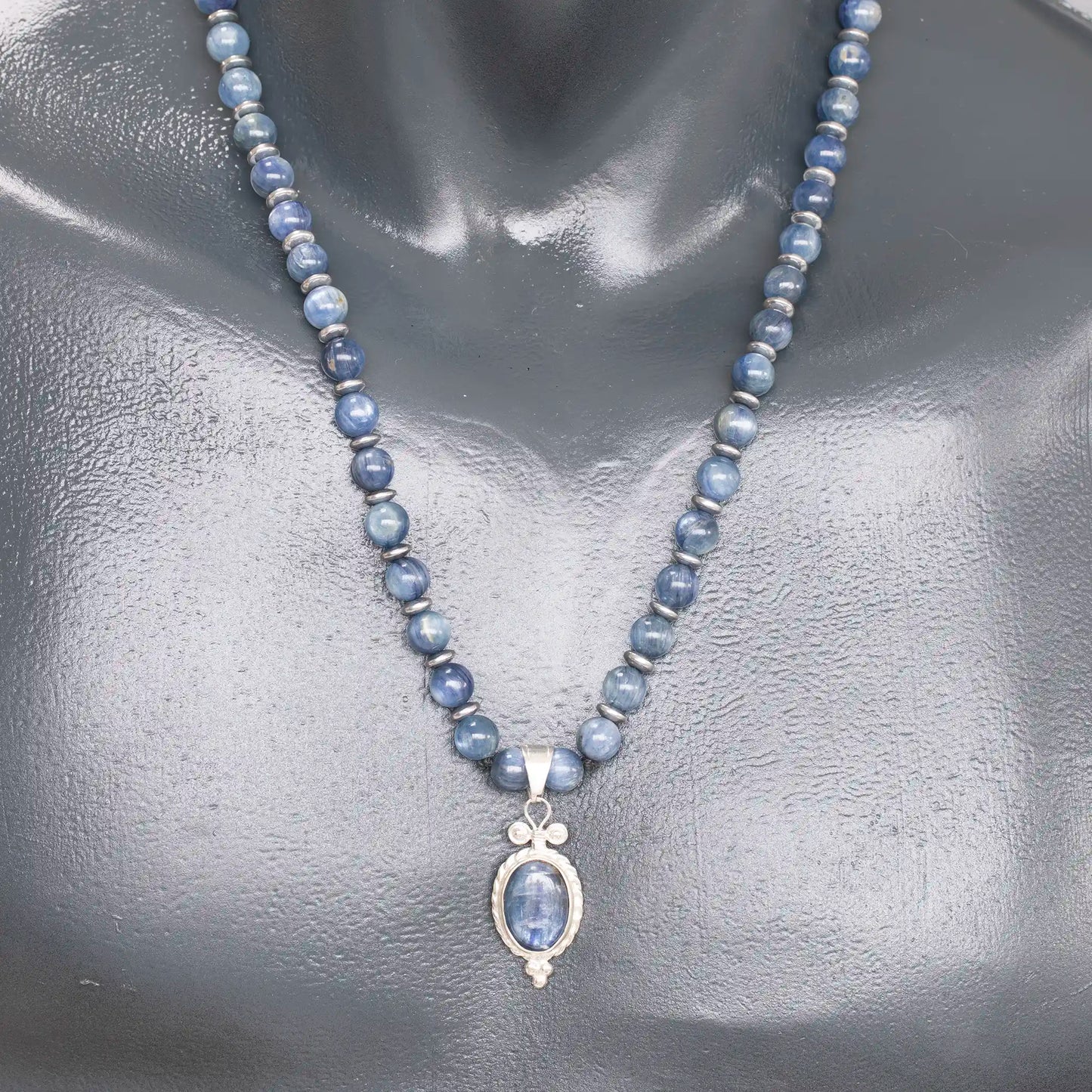 Natural Kyanite Silver Pendant, Natural Kyanite Beaded Clasp Necklace