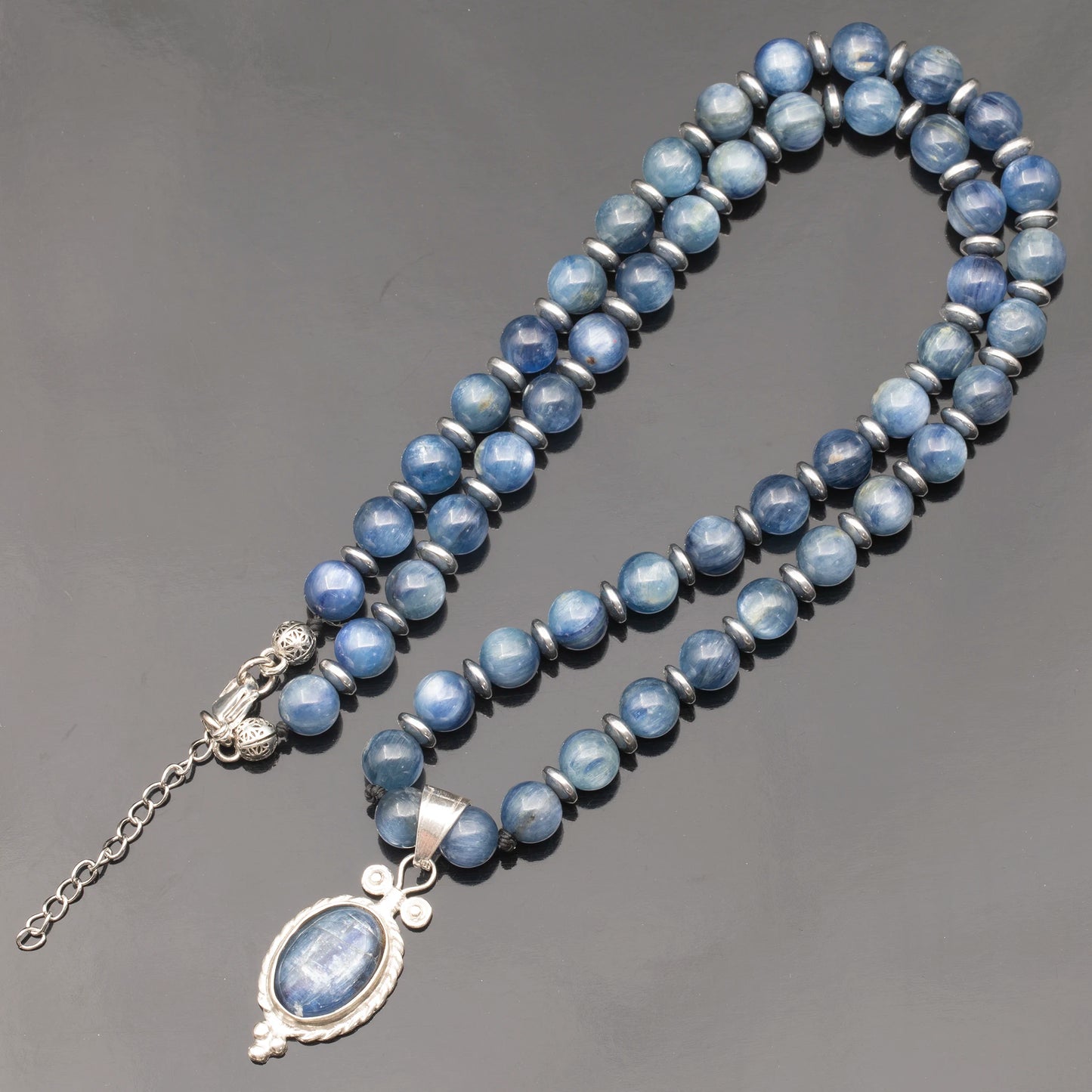 Natural Kyanite Silver Pendant, Natural Kyanite Beaded Clasp Necklace