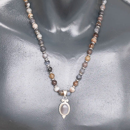 Natural Botswana Brown Agate Silver Pendant, Natural Botswana Brown Agate Beaded Clasp Necklace