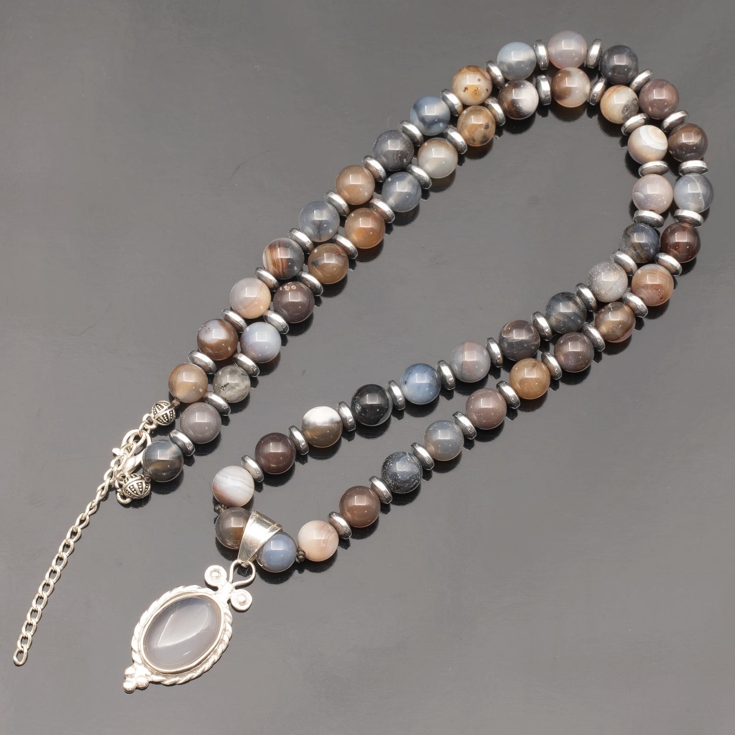 Natural Botswana Brown Agate Silver Pendant, Natural Botswana Brown Agate Beaded Clasp Necklace