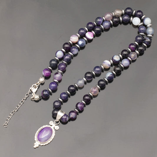 Natural Purple Agate Silver Pendant, Natural Purple Agate Beaded Clasp Necklace