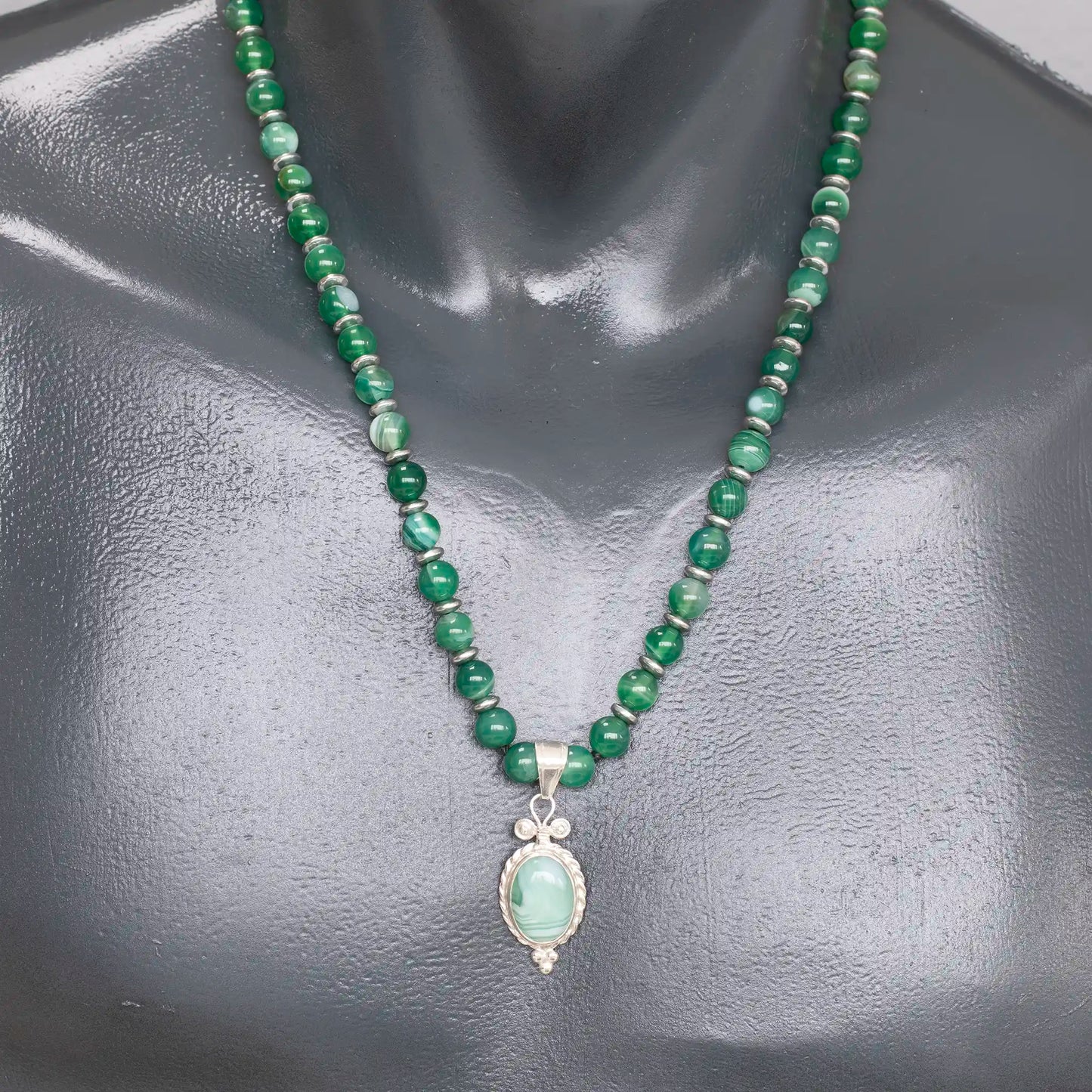 Natural Green Agate Silver Pendant, Natural Green Agate Beaded Clasp Necklace