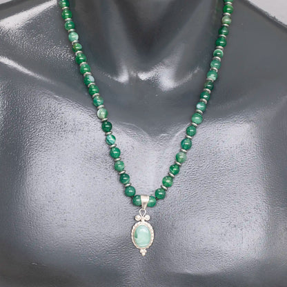 Natural Green Agate Silver Pendant, Natural Green Agate Beaded Clasp Necklace