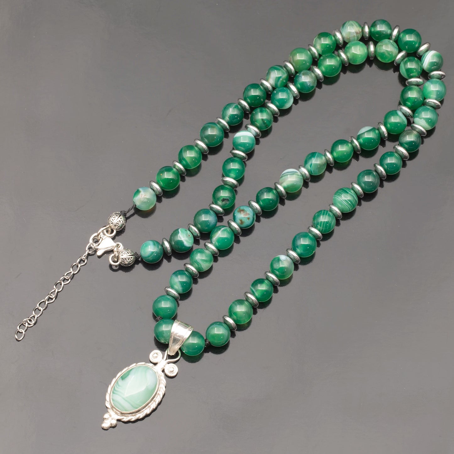 Natural Green Agate Silver Pendant, Natural Green Agate Beaded Clasp Necklace