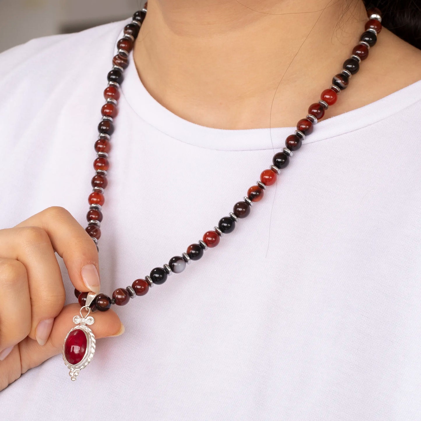 Natural Carnelian Silver Pendant, Natural Carnelian Agate Beaded Clasp Necklace