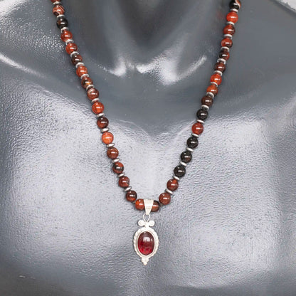 Natural Carnelian Silver Pendant, Natural Carnelian Agate Beaded Clasp Necklace