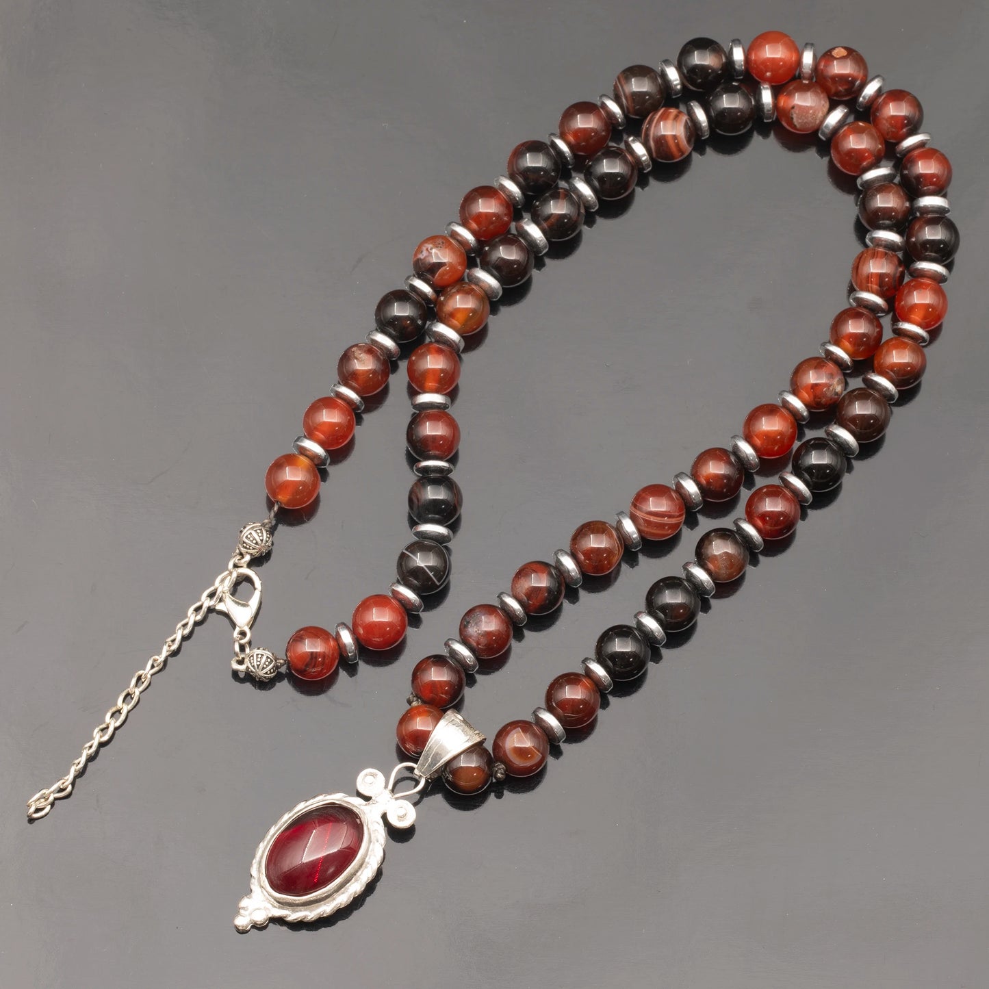 Natural Carnelian Silver Pendant, Natural Carnelian Agate Beaded Clasp Necklace