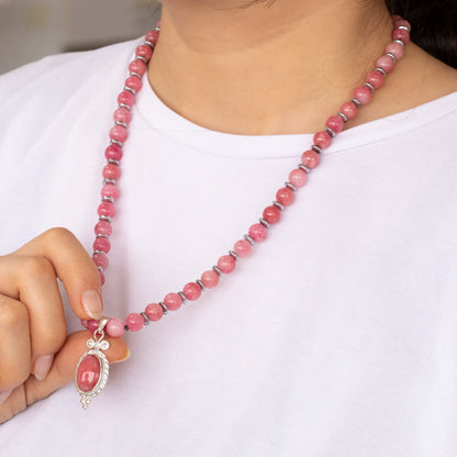 Natural Rhodochrosite Silver Pendant, Natural Rhodochrosite Beaded Clasp Necklace