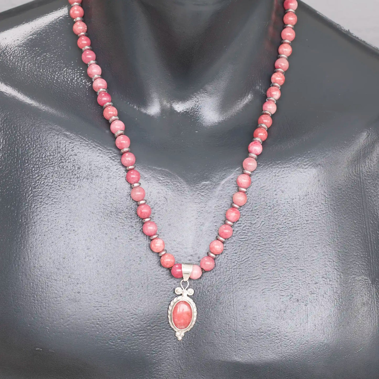 Natural Rhodochrosite Silver Pendant, Natural Rhodochrosite Beaded Clasp Necklace