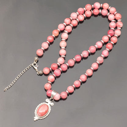 Natural Rhodochrosite Silver Pendant, Natural Rhodochrosite Beaded Clasp Necklace