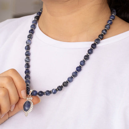 Natural Sodalite Silver Pendant, Natural Sodalite Beaded Clasp Necklace