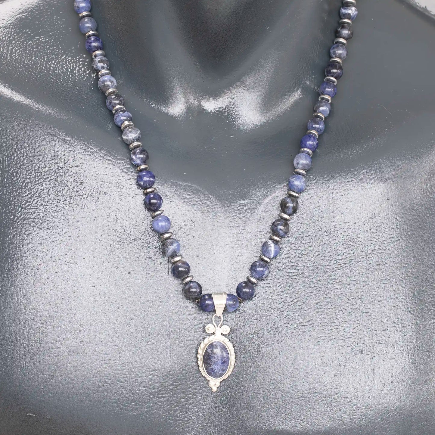 Natural Sodalite Silver Pendant, Natural Sodalite Beaded Clasp Necklace