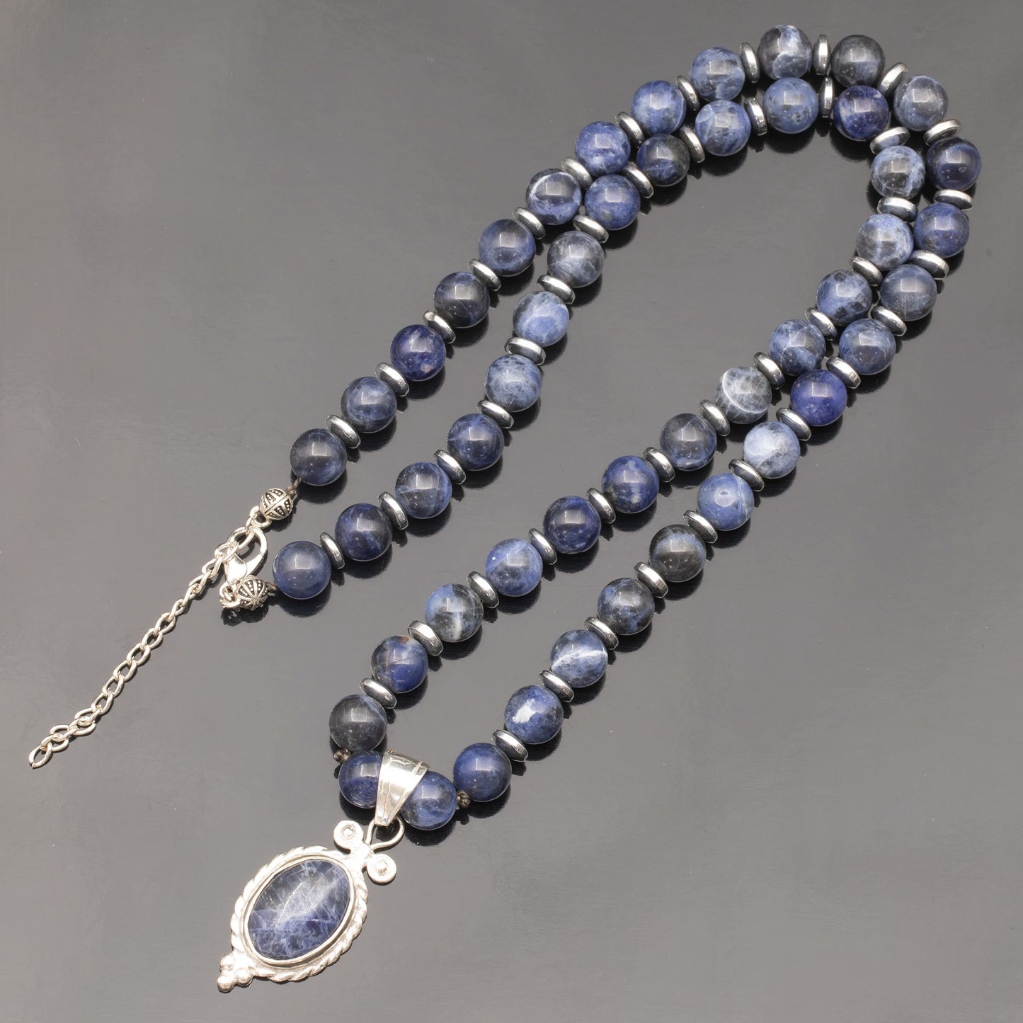 Natural Sodalite Silver Pendant, Natural Sodalite Beaded Clasp Necklace