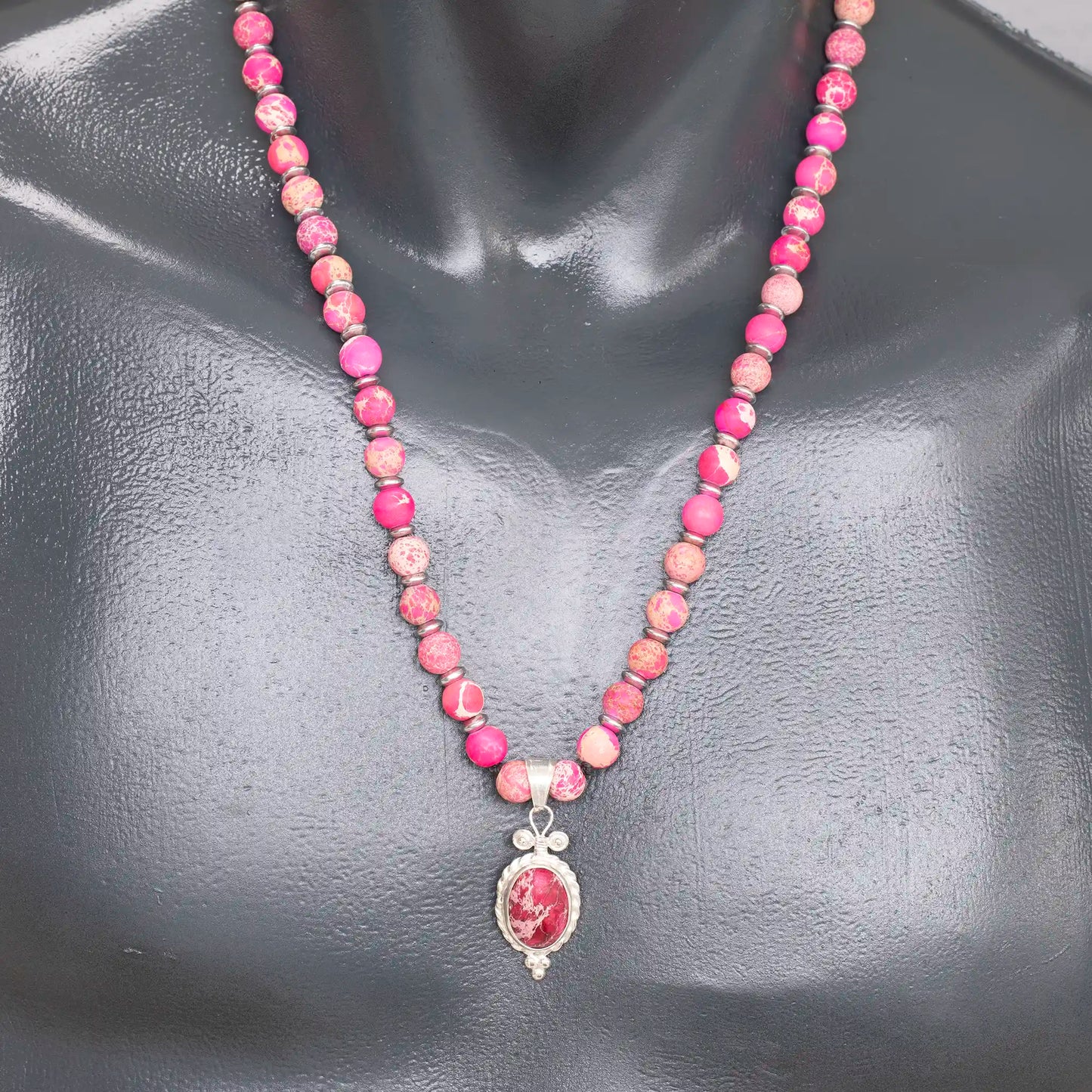 Natural Pink Imperial Jasper Silver Pendant, Natural Pink Imperial Jasper Beaded Clasp Necklace