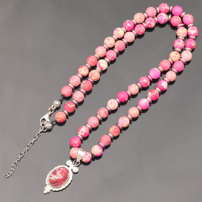 Natural Pink Imperial Jasper Silver Pendant, Natural Pink Imperial Jasper Beaded Clasp Necklace