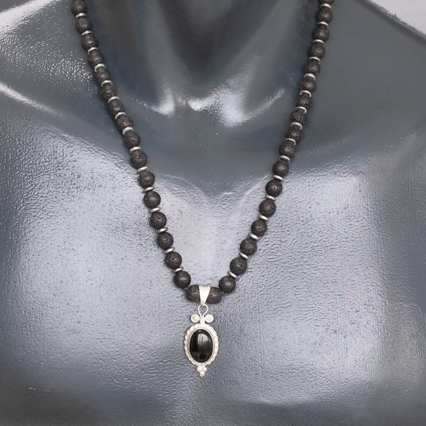 Natural Black Onyx Silver Pendant, Natural Lava Stone Beaded Clasp Necklace