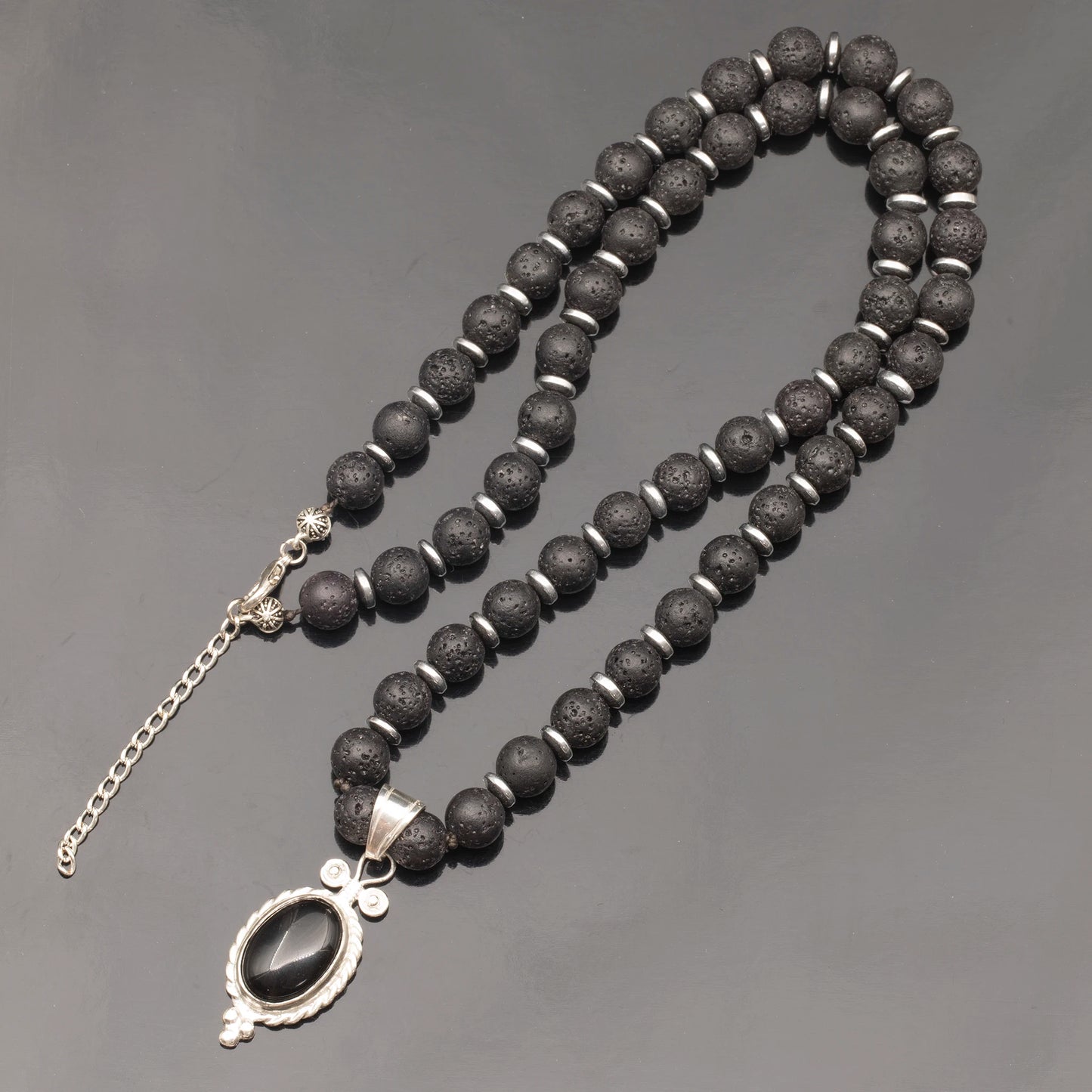 Natural Black Onyx Silver Pendant, Natural Lava Stone Beaded Clasp Necklace