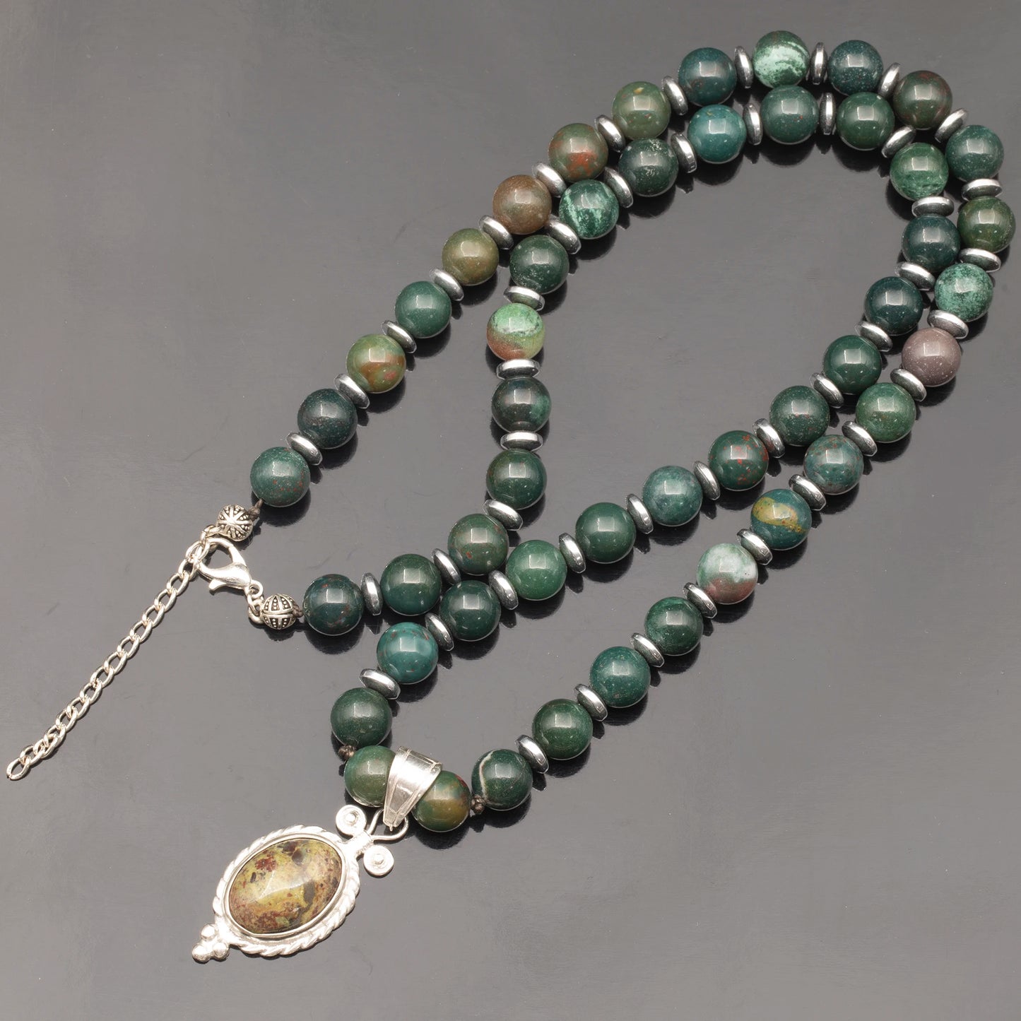 Natural Bloodstone Silver Pendant, Natural Bloodstone Beaded Clasp Necklace