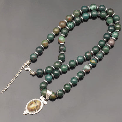 Natural Bloodstone Silver Pendant, Natural Bloodstone Beaded Clasp Necklace