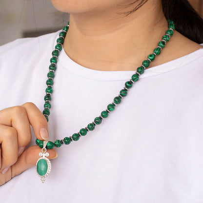 Natural Malachite Silver Pendant, Malachite Beaded Clasp Necklace