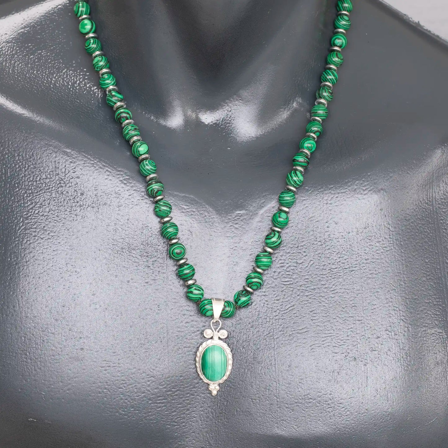 Natural Malachite Silver Pendant, Malachite Beaded Clasp Necklace