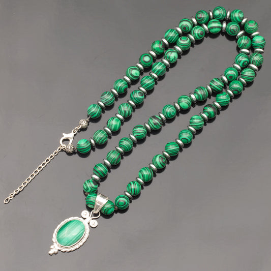 Natural Malachite Silver Pendant, Malachite Beaded Clasp Necklace