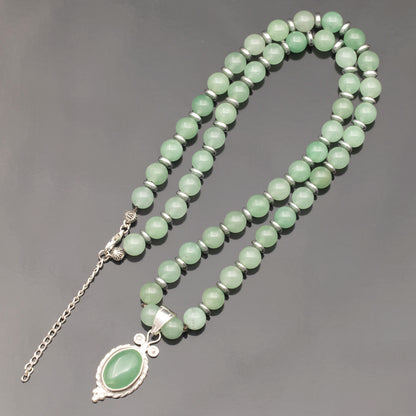 Natural Green Aventurine Silver Pendant, Natural Green Aventurine Beaded Clasp Necklace