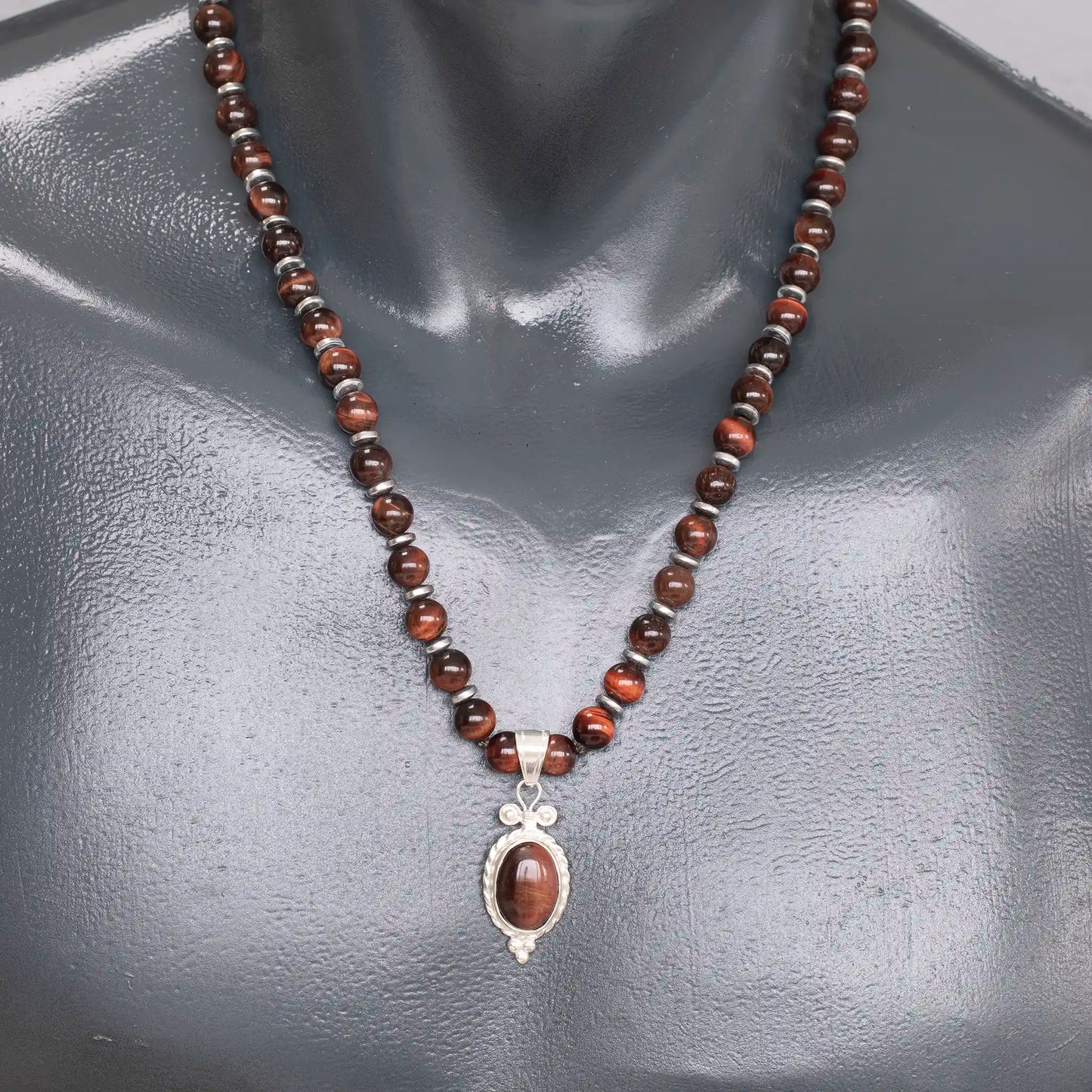 Natural Red Tiger Eye Silver Pendant, Natural Red Tiger Eye Beaded Clasp Necklace