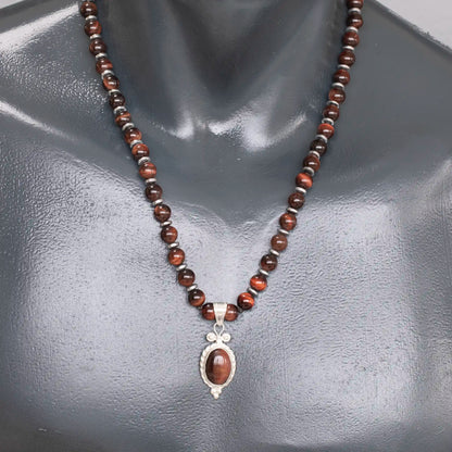 Natural Red Tiger Eye Silver Pendant, Natural Red Tiger Eye Beaded Clasp Necklace