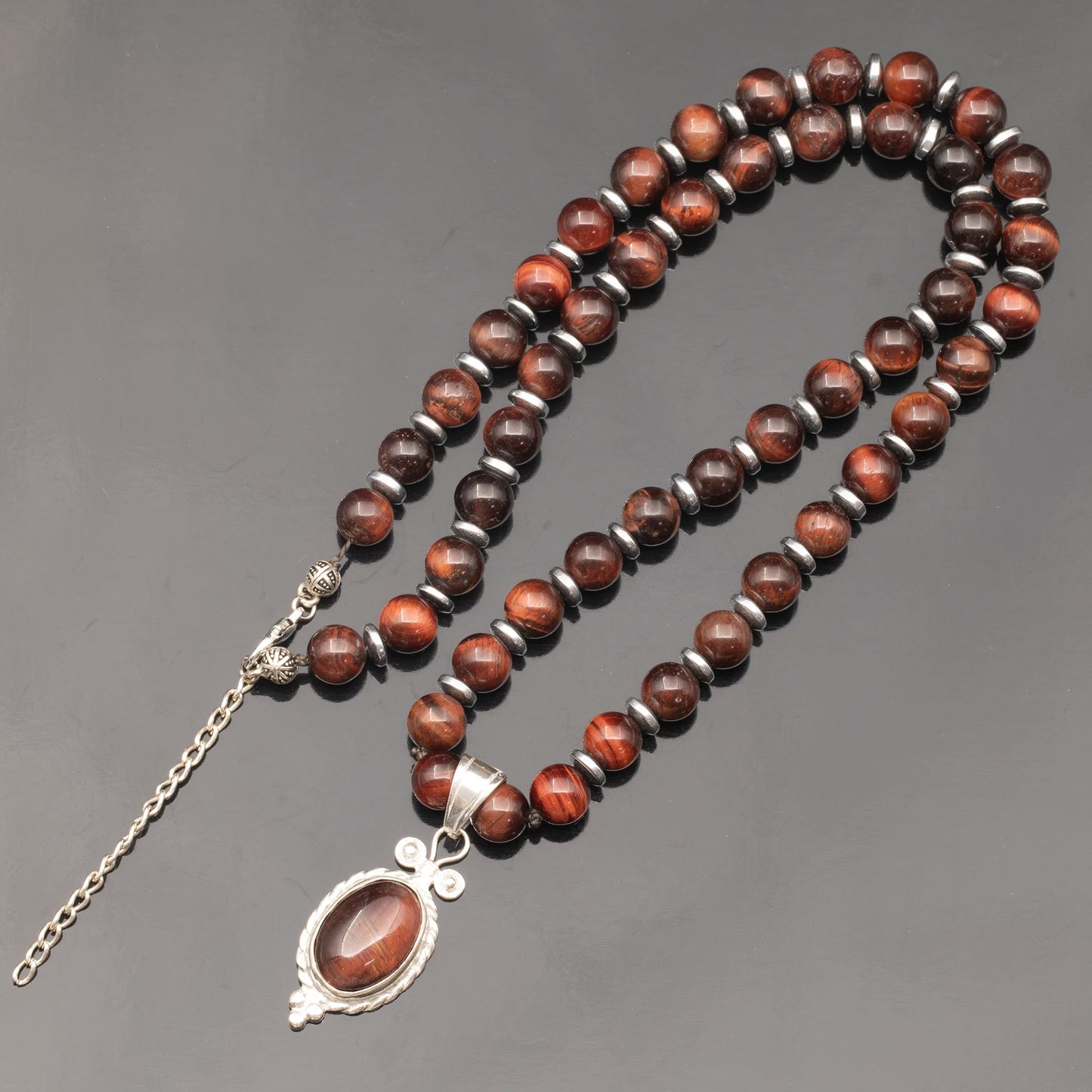 Natural Red Tiger Eye Silver Pendant, Natural Red Tiger Eye Beaded Clasp Necklace