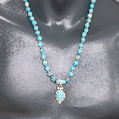 Natural Blue Imperial Jasper Silver Pendant, Natural Blue Imperial Jasper Beaded Clasp Necklace