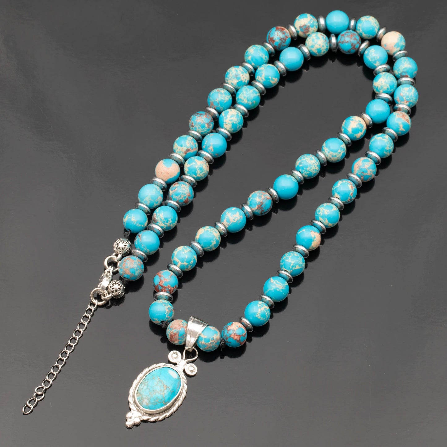 Natural Blue Imperial Jasper Silver Pendant, Natural Blue Imperial Jasper Beaded Clasp Necklace