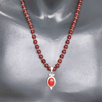 Natural Fire Agate Silver Pendant, Natural Fire Agate Beaded Clasp Necklace