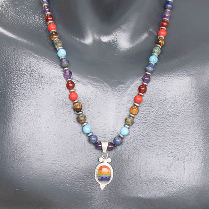 Natural 7 Chakra Silver Pendant, Natural 7 Chakra Beaded Clasp Necklace