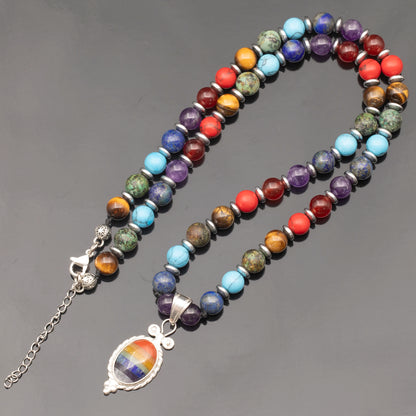 Natural 7 Chakra Silver Pendant, Natural 7 Chakra Beaded Clasp Necklace