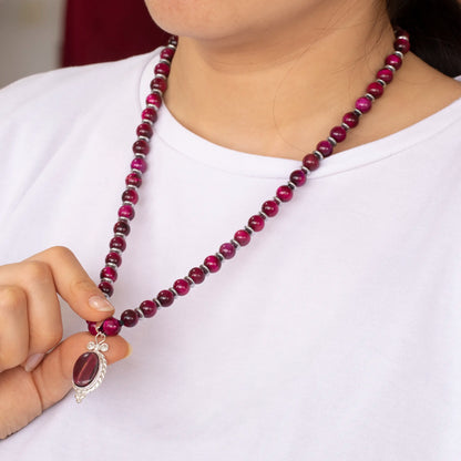 Natural Pink Tiger Eye Silver Pendant, Natural Pink Tiger Eye Beaded Clasp Necklace