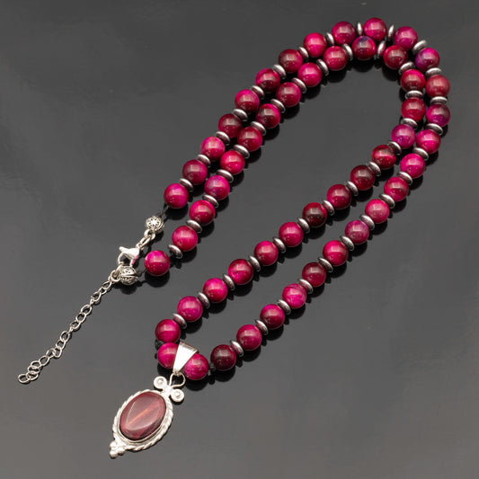 Natural Pink Tiger Eye Silver Pendant, Natural Pink Tiger Eye Beaded Clasp Necklace