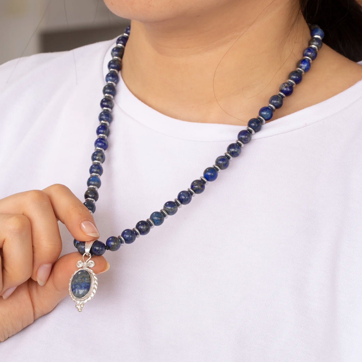 Natural Lapis Lazuli Silver Pendant, Natural Lapis Lazuli Beaded Clasp Necklace