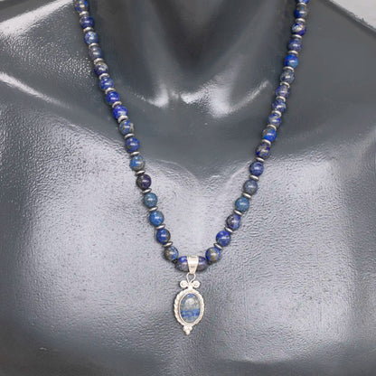 Natural Lapis Lazuli Silver Pendant, Natural Lapis Lazuli Beaded Clasp Necklace