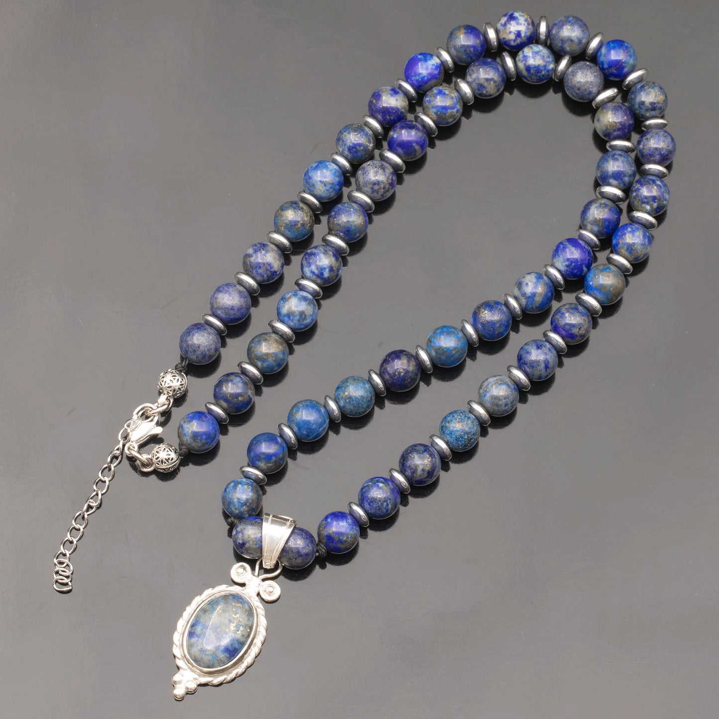 Natural Lapis Lazuli Silver Pendant, Natural Lapis Lazuli Beaded Clasp Necklace