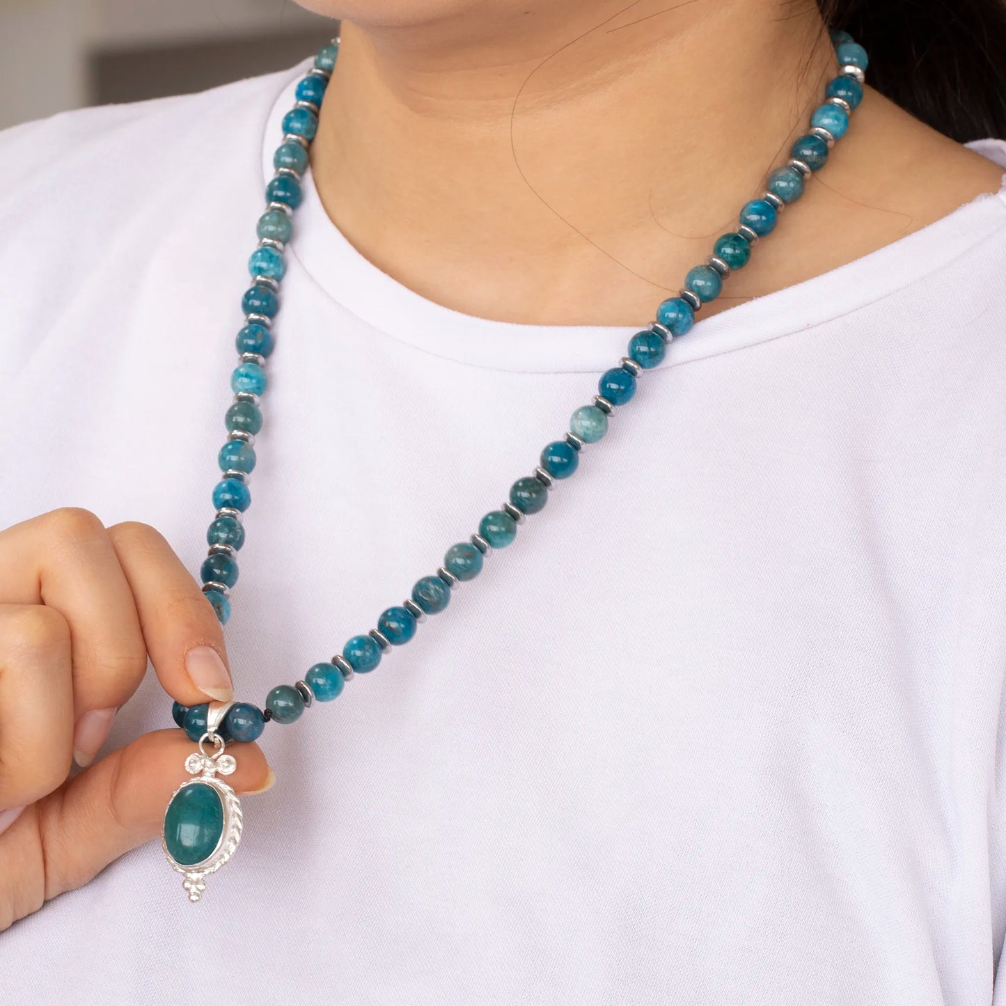 Natural Apatite Silver Pendant, Natural Apatite Beaded Clasp Necklace