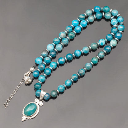 Natural Apatite Silver Pendant, Natural Apatite Beaded Clasp Necklace