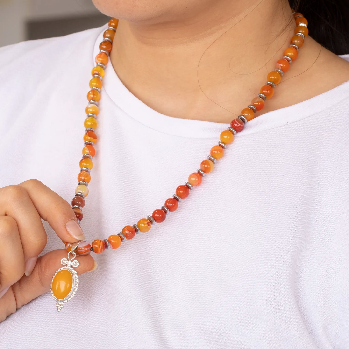 Natural Orange Agate Silver Pendant, Natural Orange Agate Beaded Clasp Necklace