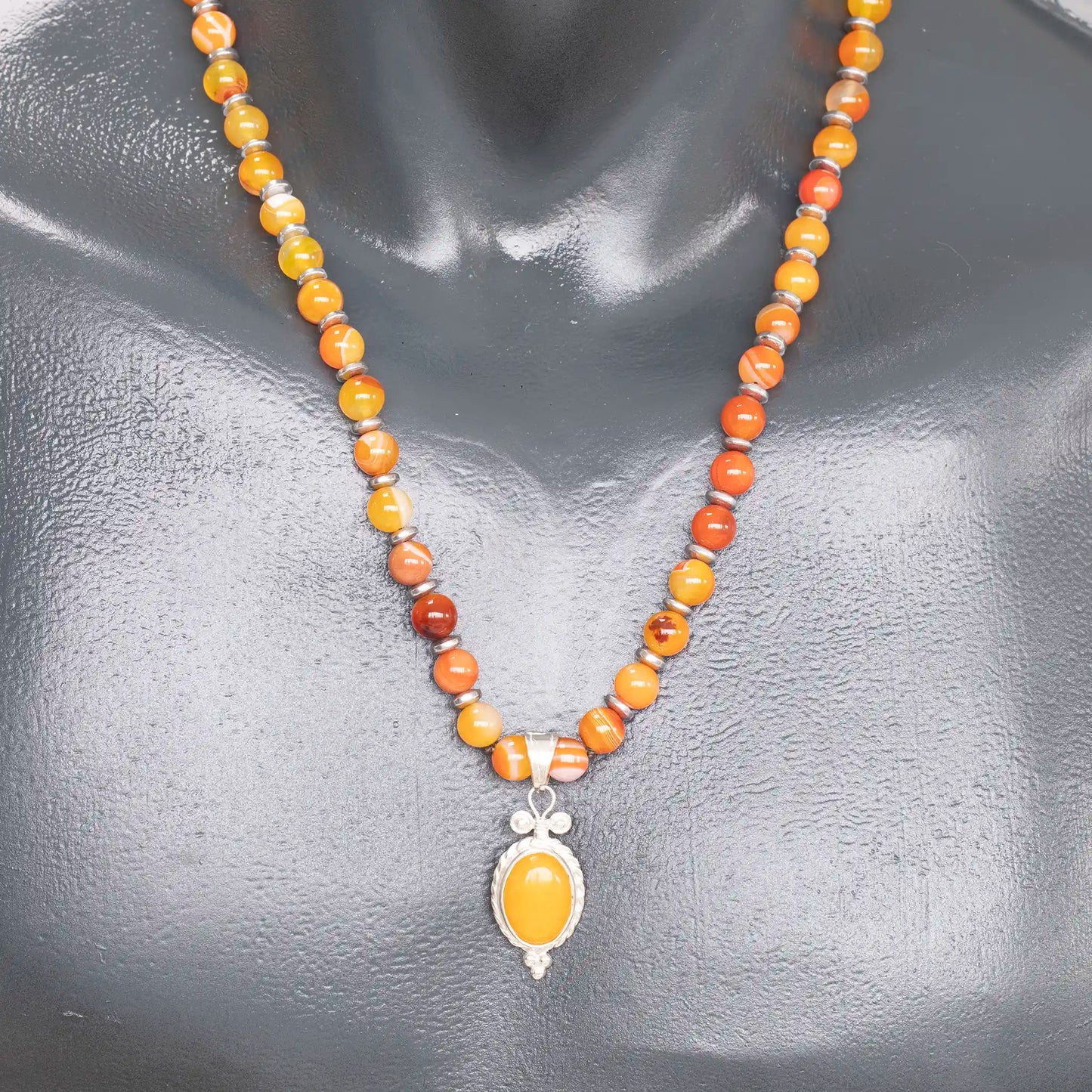 Natural Orange Agate Silver Pendant, Natural Orange Agate Beaded Clasp Necklace