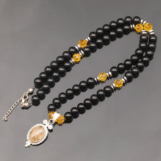 Natural Citrine Silver Pendant, Natural Citrine & Black Onyx Beaded Clasp Necklace