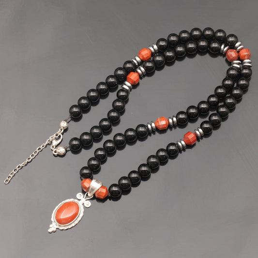 Natural Red Jasper Silver Pendant, Natural Red Jasper & Black Onyx Beaded Clasp Necklace