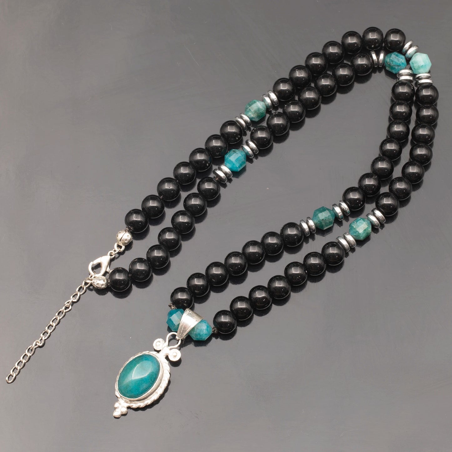 Natural Apatite Silver Pendant, Natural Apatite & Black Onyx Beaded Clasp Necklace