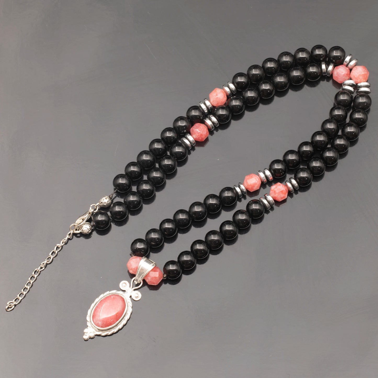 Natural Rhodochrosite Silver Pendant, Natural Rhodochrosite & Black Onyx Beaded Clasp Necklace
