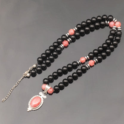 Natural Rhodochrosite Silver Pendant, Natural Rhodochrosite & Black Onyx Beaded Clasp Necklace