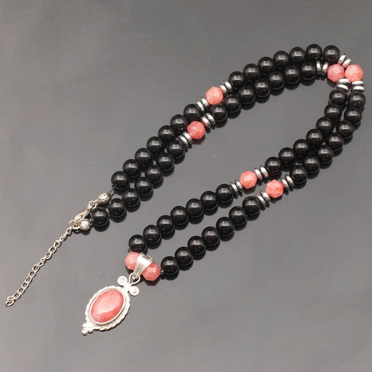 Natural Rhodochrosite Silver Pendant, Natural Rhodochrosite & Black Onyx Beaded Clasp Necklace